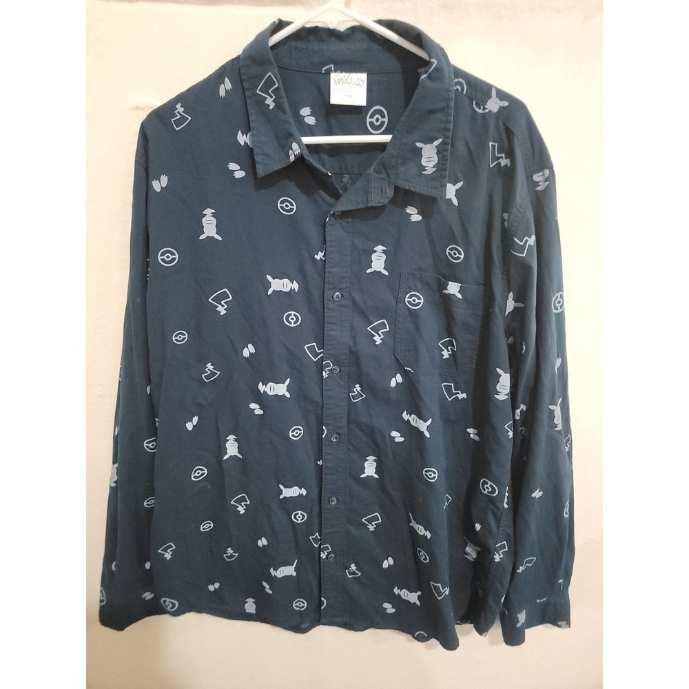 Pokémon Pikachu All-Over Print Long Sleeve Button-Up Shirt Mens XXL Navy RARE